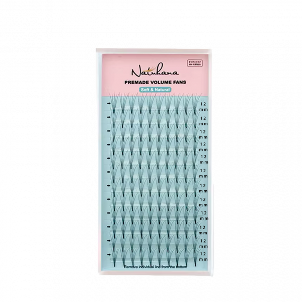 Boîte de cils 12 mm en bouquets, 12 rangées, fibre PBT, courbure C/D, prêts à l’application pour la pose volume russe